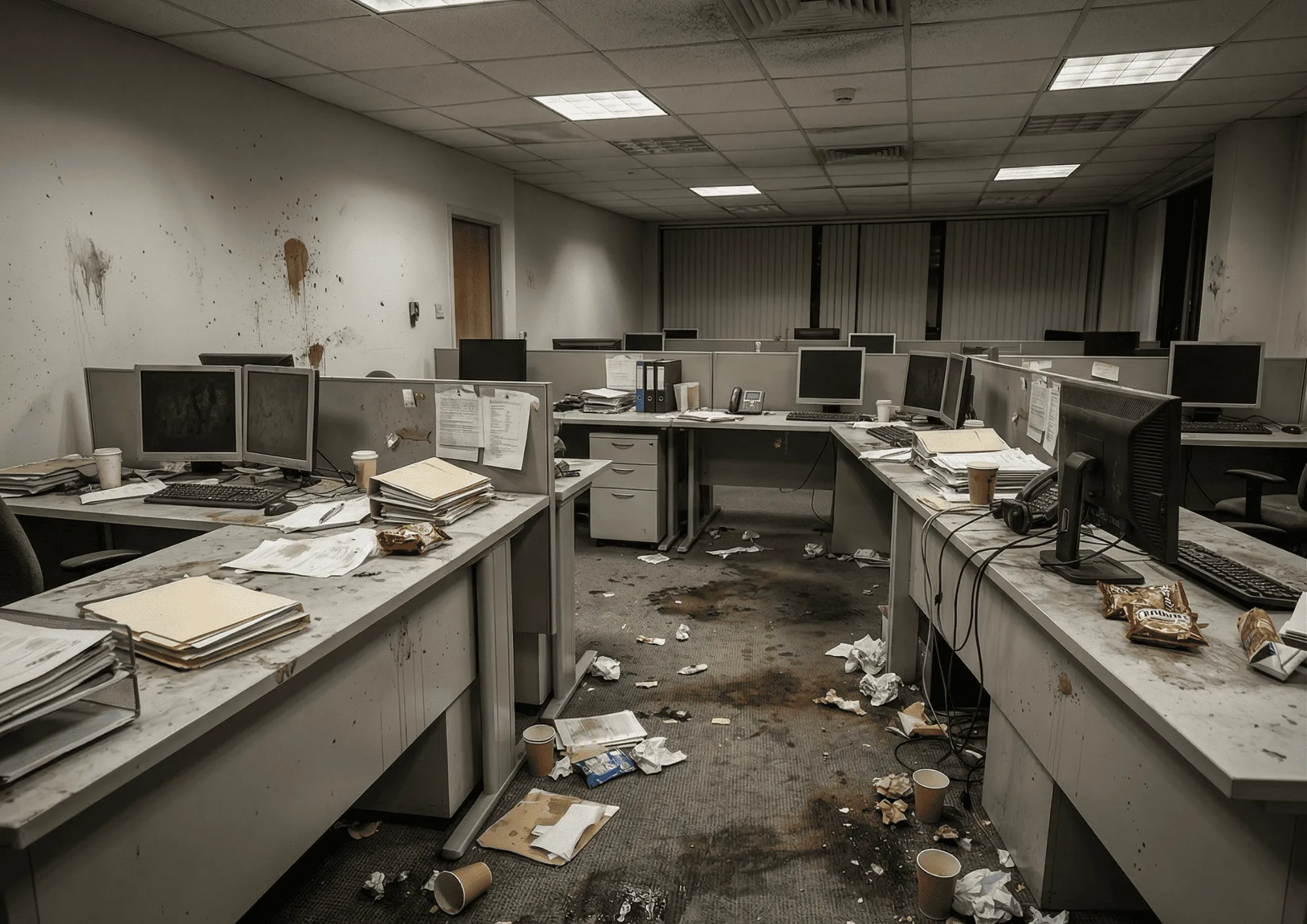 Cluttered dirty office before cleaning