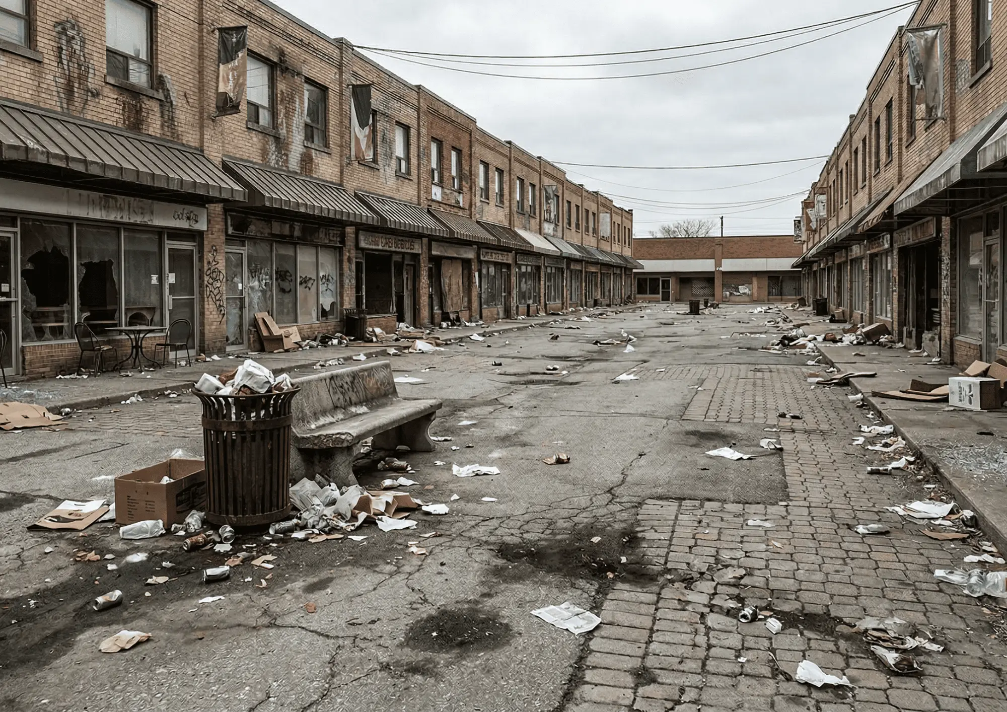 Trashed, littered commercial plaza before cleaning